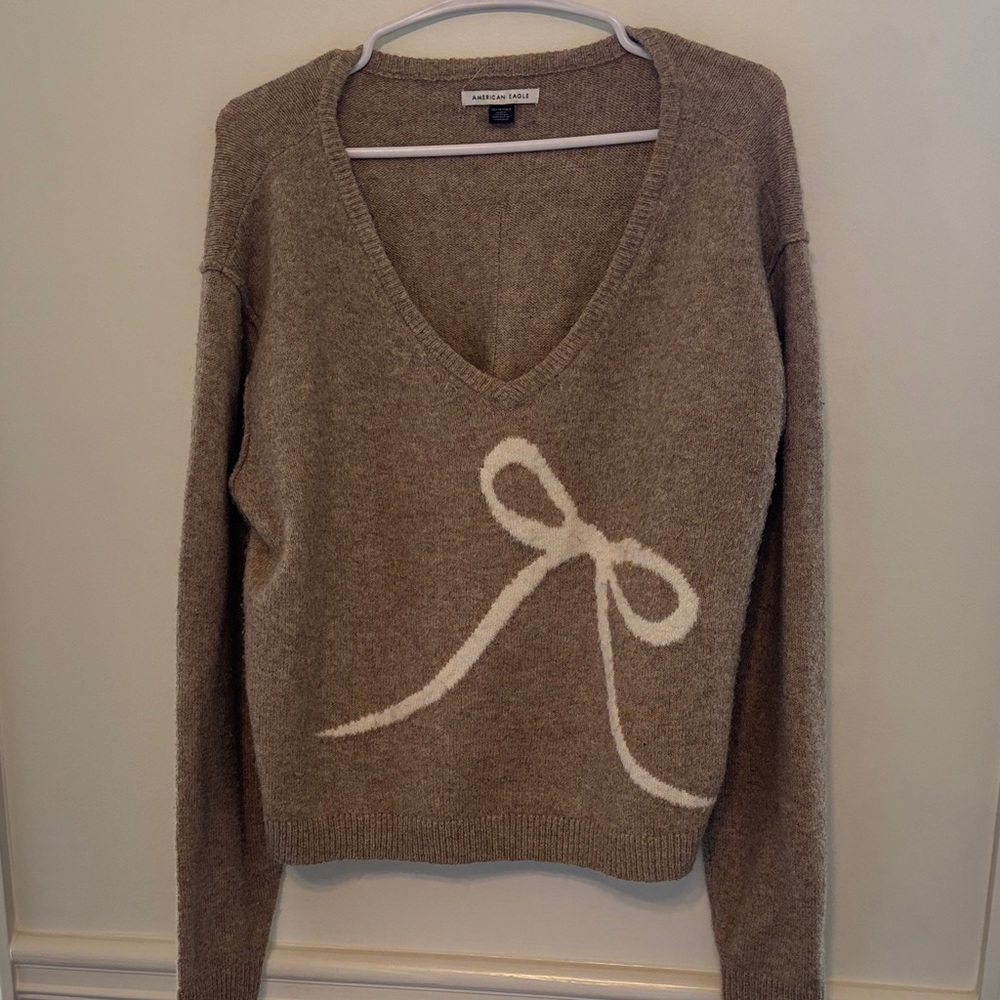 American Eagle Outfitters Brown V-Neck Sweater with White Bow
